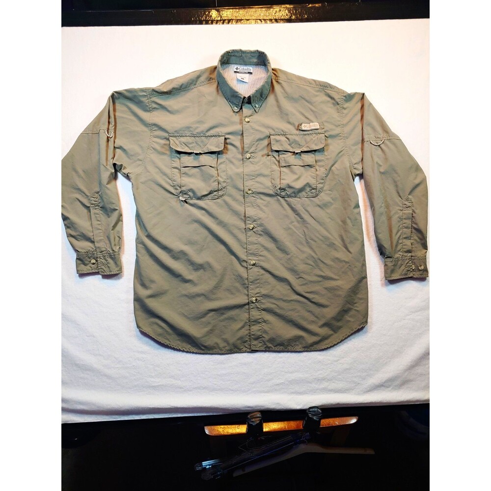 Columbia PFG Omni-Shade Men’s Green Fishing Button-Up Shirt L Vented Pockets